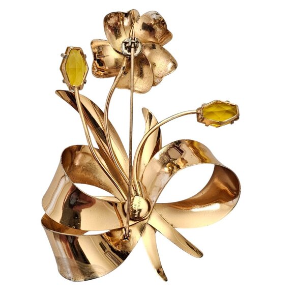 Sterling By Jordan Uranium Glass Rhinestone Flower Brooch Gold Vermeil Pin, L957 - Picture 8 of 11